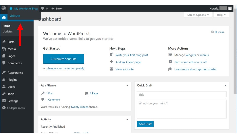 Visit Site Link From WordPress Dashboard