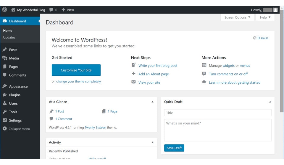 Dashboard page in WordPress